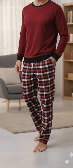 Pijalüx Tek Alt Kareli Kalın Poplin Ev Pantalonu - Resim 3