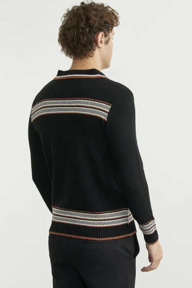 Polo Yaka Kilim Motifli Triko Kazak - Siyah - Resim 5