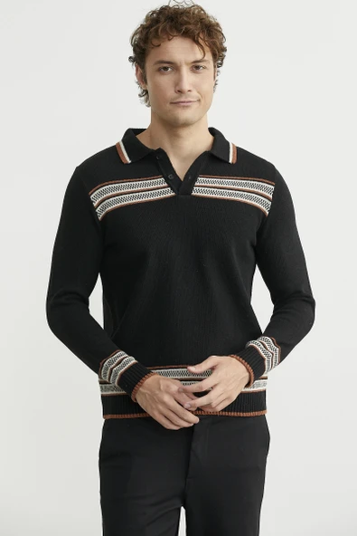 Polo Yaka Kilim Motifli Triko Kazak - Siyah ürün görseli 1