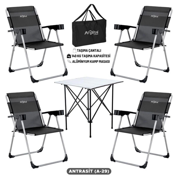 4 Adet Katlanır Kamp Sandalyesi ve Alüminyum Masa Seti - Rock Silver - Antrasit - Taşıma Çantalı ürün görseli 1