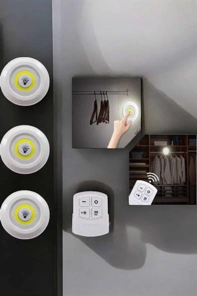 Spot Lamba Led Işık 3'lü Uzaktan Kumandalı Pilli Yapışkanlı Kablosuz - Resim 3
