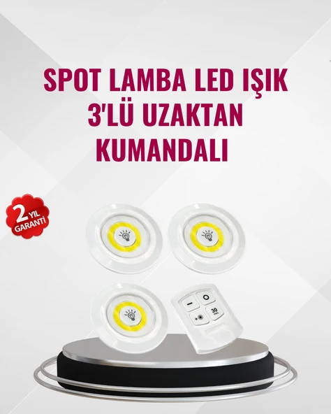 3 Lü Pilli Kablosuz Led Spot Lamba Seti Kumandalı Kolay Montaj Aydınlatma ürün görseli 1