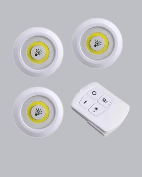 3 Lü Pilli Kablosuz Led Spot Lamba Seti Kumandalı Kolay Montaj Aydınlatma - Resim 5