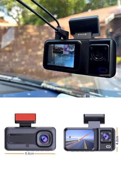 1080P 3 Lensli WİFİ Araç İçi Kameralı Ekran DVR Kaydedici Gece Görüşlü - Resim 3