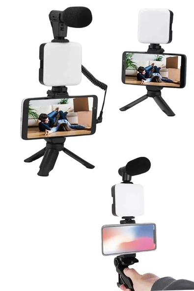 Akıllı Telefon Vlog Kiti Tripod Mini Mikrofonlu Telefon Tutucu - Resim 2