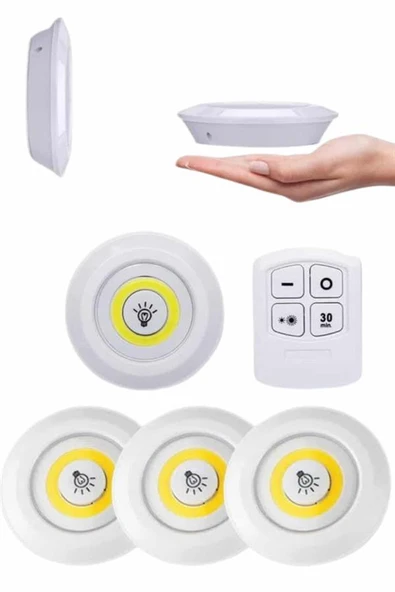 Yapışkanlı 3'lü Spot Led Işık Lamba Montajsız Pilli Uzaktan Kumandalı - Resim 4