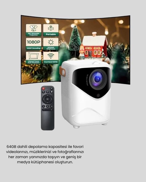 Taşınabilir 1080P HD Akıllı Projektör – 64GB Dahili Hafıza, 2GB RAM, Uzaktan Kumandalı - Resim 4