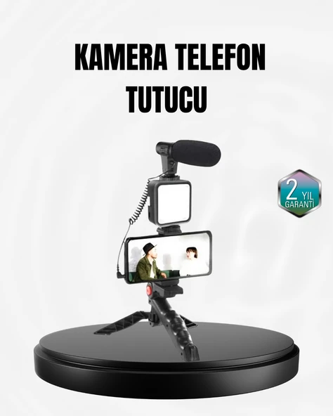 Profesyonel Vlog Çekim Kiti LED Işıklı Tripod Mikrofonlu Telefon Seti ürün görseli 1