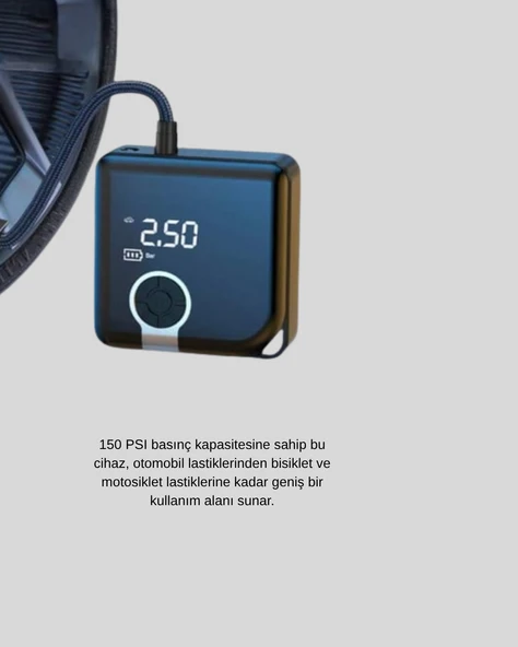 6000mAh Bataryalı Type-C Şarjlı Mini Hava Kompresörü LED Işıklı - Resim 3