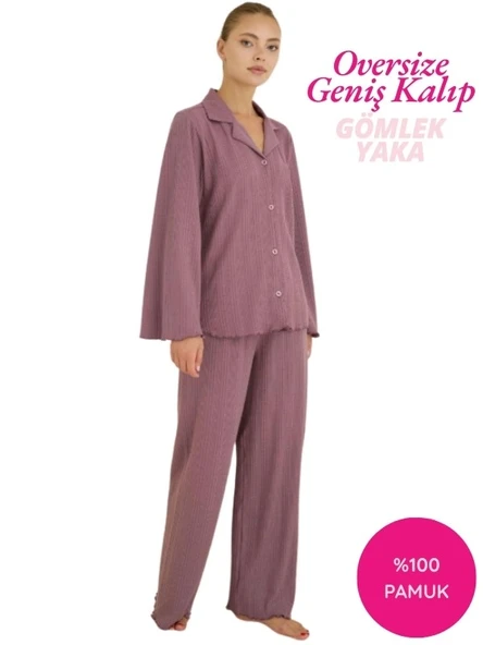 Kadın %100 Pamuk Bürümcük Kumaş Gömlek Yaka Uzun Kol Pijama Takımı-Oversize Salaş Kalıp Geniş Paça - Resim 11