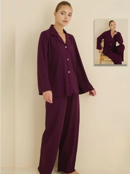 Kadın %100 Pamuk Bürümcük Kumaş Gömlek Yaka Uzun Kol Pijama Takımı-Oversize Salaş Kalıp Geniş Paça - Resim 6