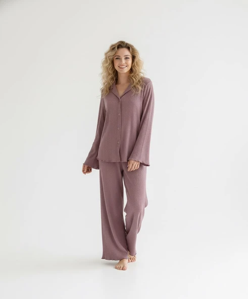 Kadın %100 Pamuk Bürümcük Kumaş Gömlek Yaka Uzun Kol Pijama Takımı-Oversize Salaş Kalıp Geniş Paça - Resim 7