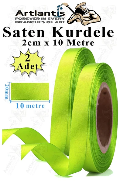 Açık Yeşil Kurdele Saten 2 Cm 10 Metre 2 Adet Saten Kurdela Parlak Hediye ve Süsleme Şeridi Süs Paketleme Çiçek Saç El ürün görseli 1