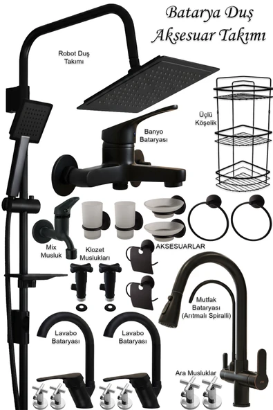 Mutfak Lavabo Banyo Bataryası Musluk Armatür Batarya Siyah Banyo Duş Seti Robot Duş Aksesuarlı Set ürün görseli 1