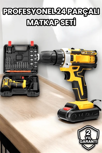 Metal Dişli 24W Akülü Matkap -Çift Bataryalı ve LED Çalışma Işığı ile Tam Set - Resim 3