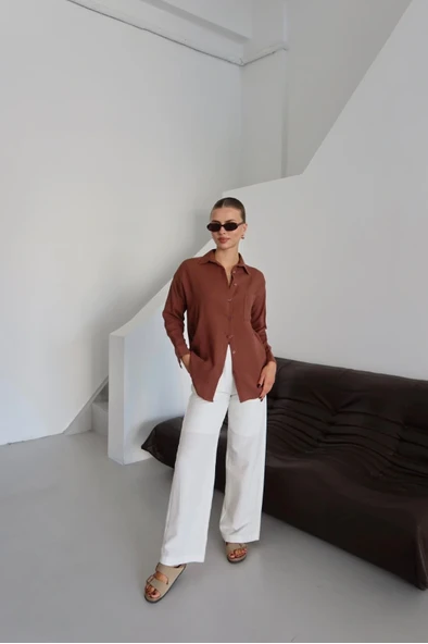 Tek cepli müslin gömlek kahve pt - Resim 2