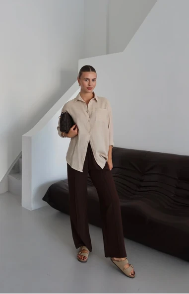 Tek cepli müslin gömlek bej pt - Resim 5