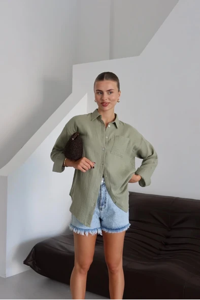 Tek cepli müslin gömlek haki pt - Resim 5