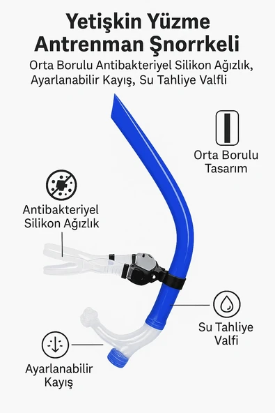DailyTech Yetişkin Yüzme Antrenman Şnorkeli Mavi - Resim 3