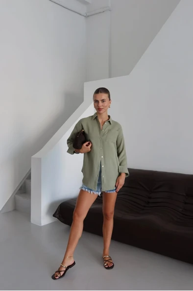 Tek cepli müslin gömlek haki pt - Resim 3