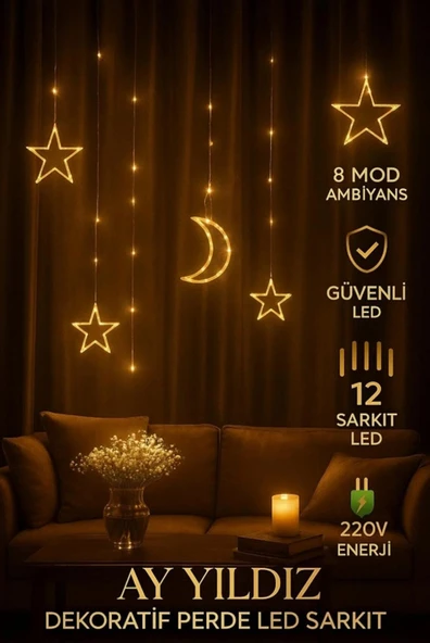Sarkıt Ledli Ay Yıldız Perde Led Işık 3 Metre Yılbaşı Işığı Led Işık Saçak Led Yılbaşı Perde Ledi  Birbirine Eklenebilir - Resim 4