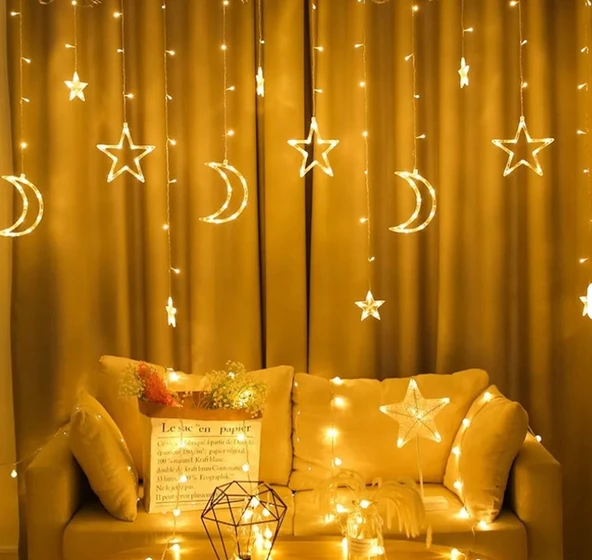 Sarkıt Ledli Ay Yıldız Perde Led Işık 3 Metre Yılbaşı Işığı Led Işık Saçak Led Yılbaşı Perde Ledi  Birbirine Eklenebilir ürün görseli 1
