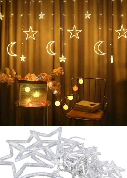 Sarkıt Ledli Ay Yıldız Perde Led Işık 3 Metre Yılbaşı Işığı Led Işık Saçak Led Yılbaşı Perde Ledi  Birbirine Eklenebilir - Resim 3