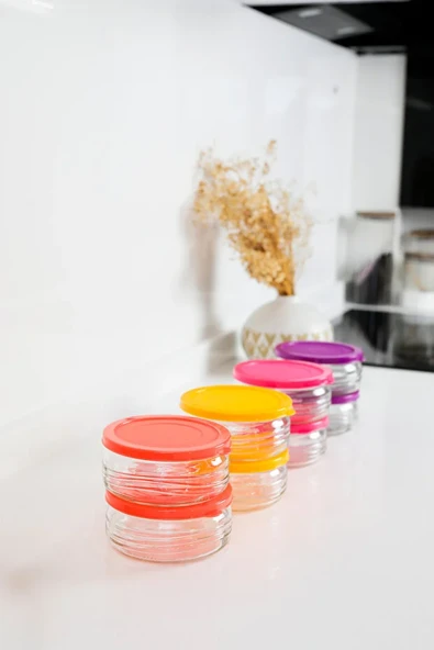 12'li Premium Kahvaltılık Seti 410 cc Renkli Plastik Kapaklı Cam Saklama Kabı, Hava Geçirmez - Resim 3