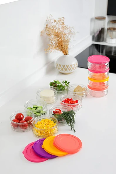 12'li Premium Kahvaltılık Seti 410 cc Renkli Plastik Kapaklı Cam Saklama Kabı, Hava Geçirmez - Resim 2