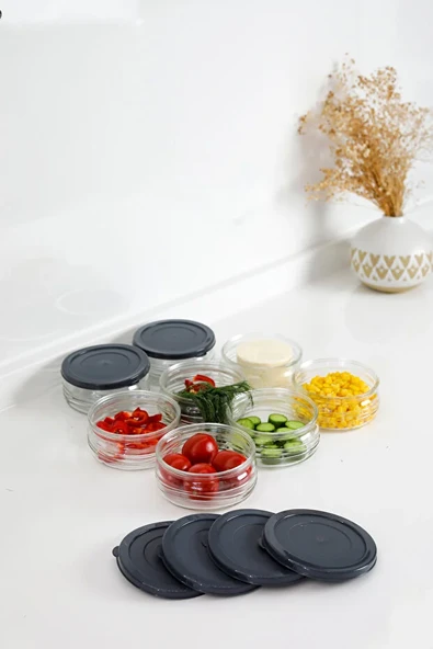12'li Premium Kahvaltılık Seti 410 cc Gri Plastik Kapaklı Cam Saklama Kabı, Hava Geçirmez - Resim 4