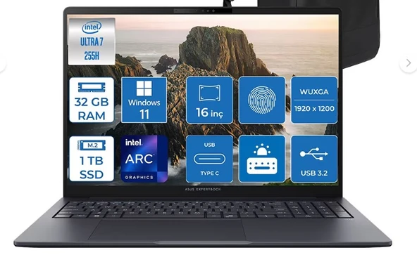 Asus Expertbook B5 B5605CCA-U716512B1D Intel Core Ultra 7 255H AI Boost NPU Top13 16GB Ddr5 512GB SSD Intel Arc Graphics 16" Wuxga (1920X1200) IPS 300NITS FreeDOS Taşınabilir Dizüstü Bilgisayar ürün görseli 1