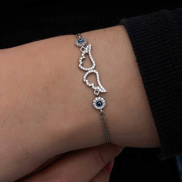 925 Ayar Gümüş Nazarlı Melek Kanadı Kadın Bileklik - Resim 2