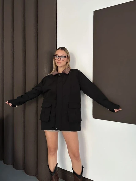 Astarlı yaka detaylı artos ceket siyah st2651019 ürün görseli 1