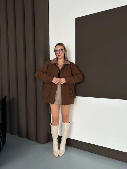 Astarlı yaka detaylı artos ceket kahve st2651019 - Resim 3