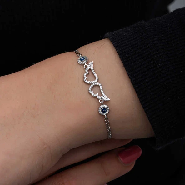 925 Ayar Gümüş Nazarlı Melek Kanadı Kadın Bileklik - Resim 3