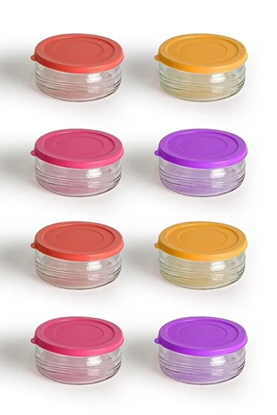 8'li Premium Kahvaltılık Seti 410 cc Renkli Plastik Kapaklı, Cam Saklama Kabı, Hava Geçirmez ürün görseli 1