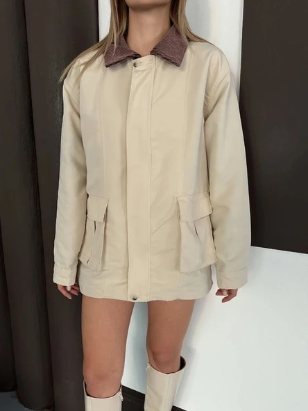 Astarlı yaka detaylı artos ceket bej st2651019 - Resim 4