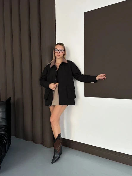 Astarlı yaka detaylı artos ceket siyah st2651019 - Resim 3