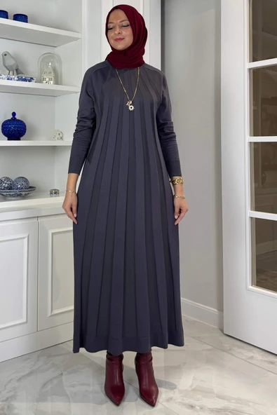 Beyza Fitilli Triko Elbise Antrasit - Resim 6