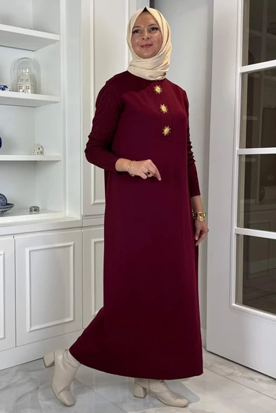 Güneş Triko Elbise Bordo - Resim 4