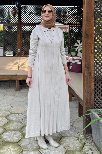 Biricik Kemerli Triko Elbise Taş - Resim 6