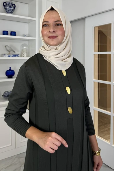 Yaprak Triko Elbise Haki - Resim 2