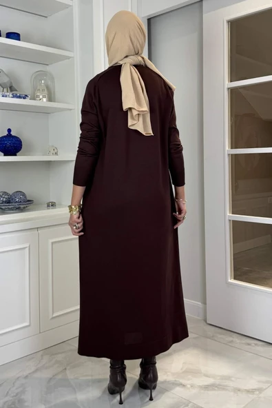 Beyza Fitilli Triko Elbise Acı Kahve - Resim 5