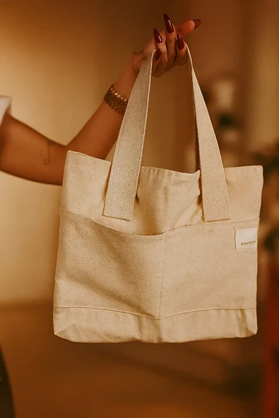 Kadın Krem El Omuz Ve Plaj Çantası Kanvas Çok Amaçlı Çanta ürün görseli 1