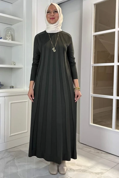 Beyza Fitilli Triko Elbise Haki - Resim 6