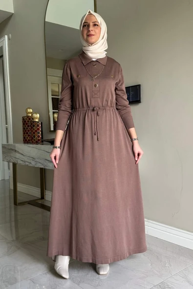 Hazan Triko Elbise Sütlü Kahve - Resim 7