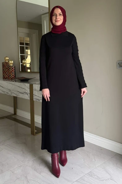 Şölen Fularlı Triko Elbise Siyah - Resim 6
