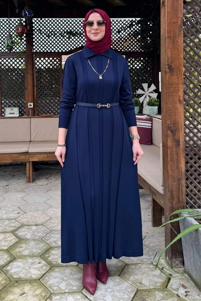 Biricik Kemerli Triko Elbise Lacivert - Resim 6