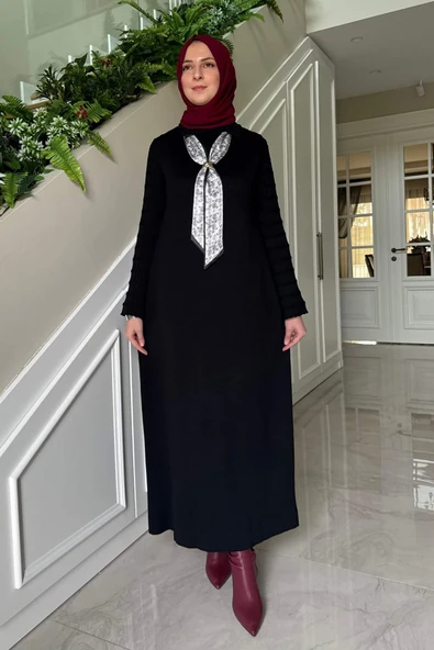 Şölen Fularlı Triko Elbise Siyah - Resim 4