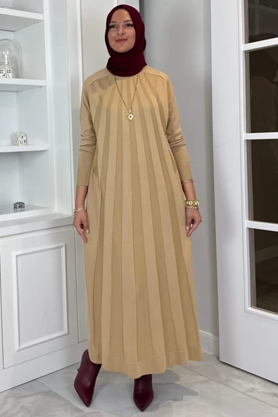 Beyza Fitilli Triko Elbise Bej ürün görseli 1